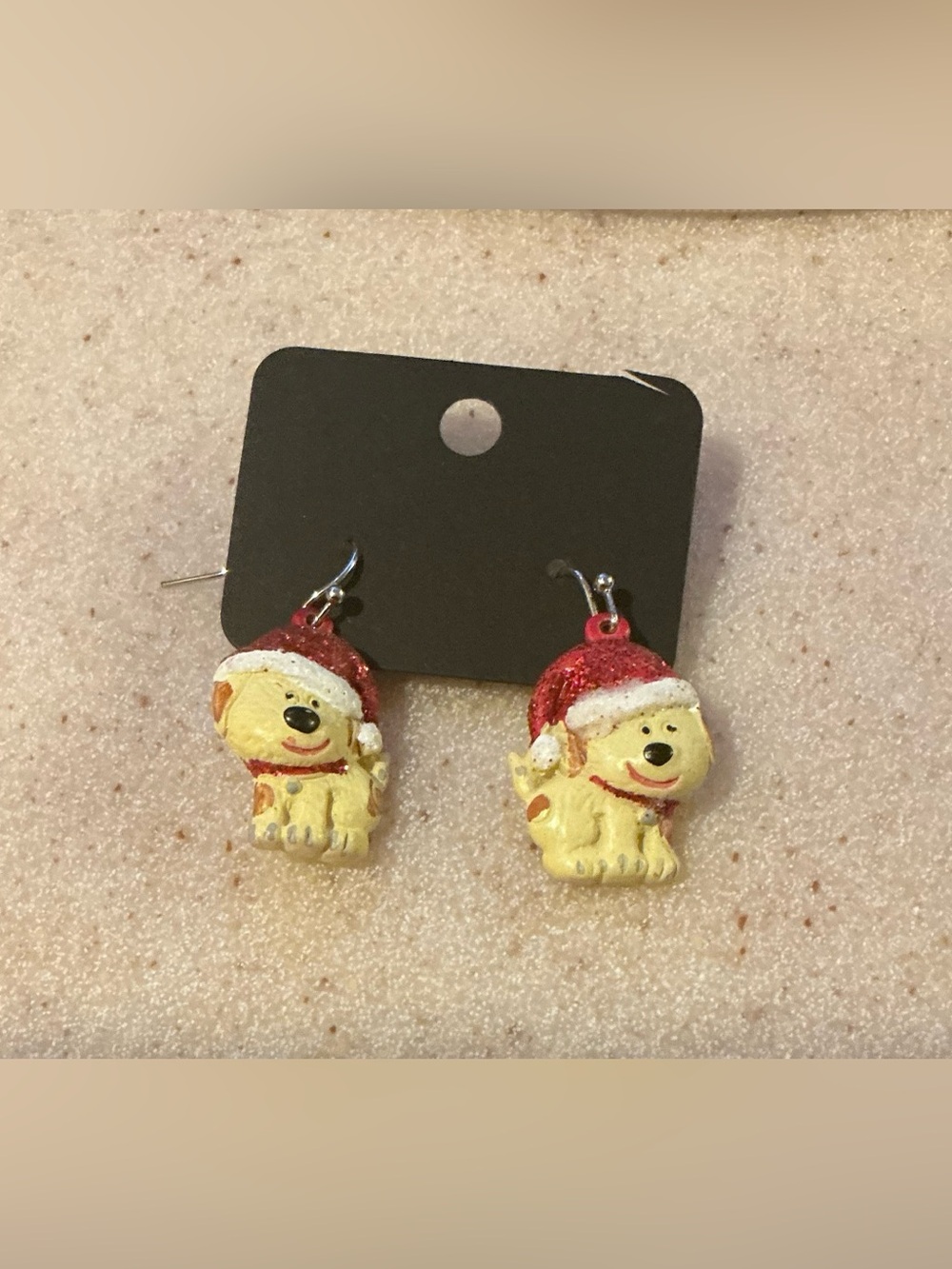 Holiday Puppy Drop Earrings in Yellow with Red Santa Hats